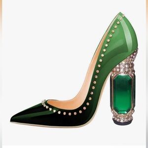 F5J Green Patent Jewel-Embellished Block Heel Pump